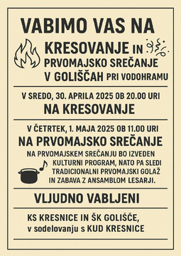 Besedilo vabila na kresovanje in 1. maj na Goliščah